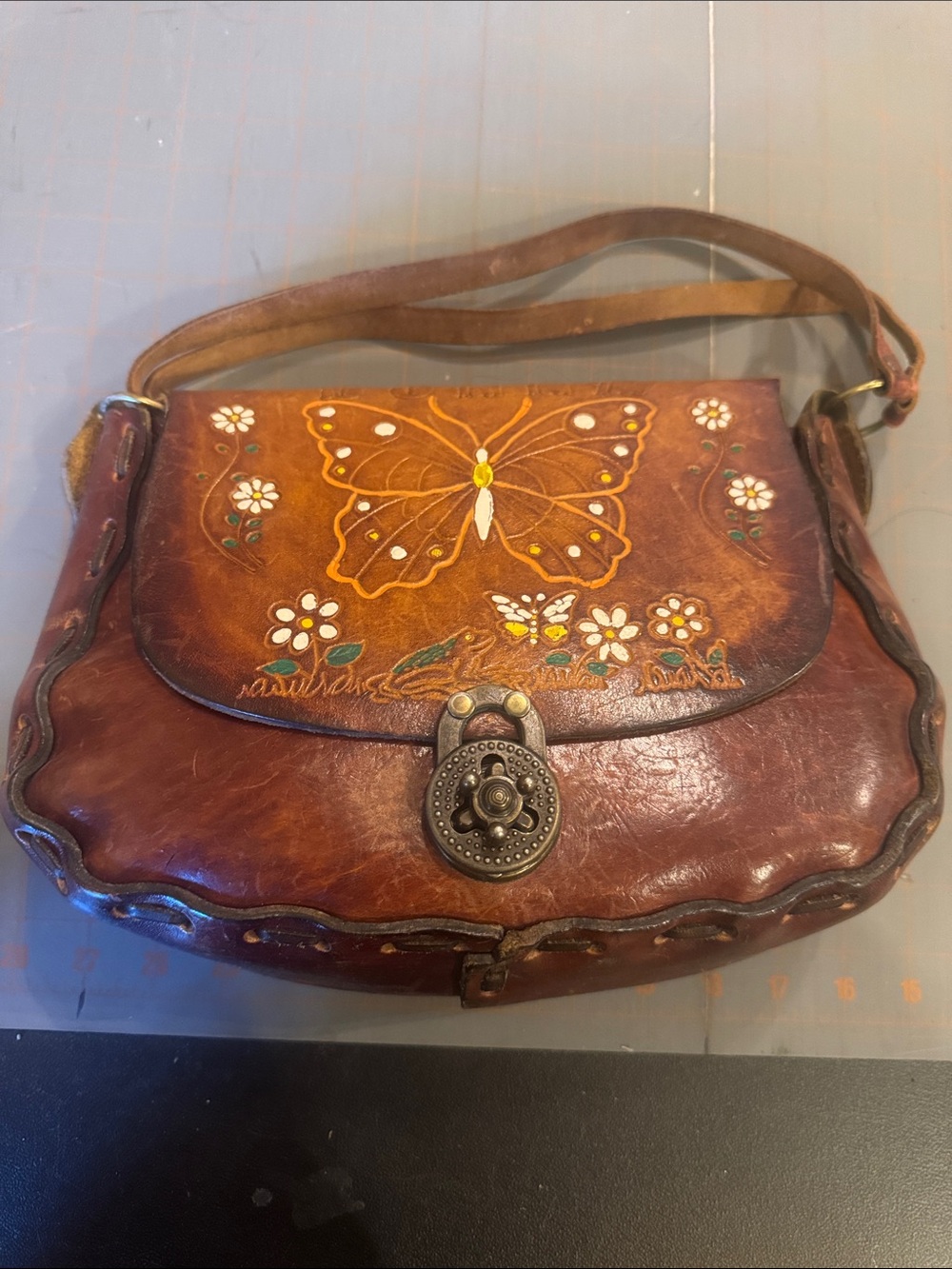 Handpainted Brown Leather Shoulder Bag with Butterfly Motif